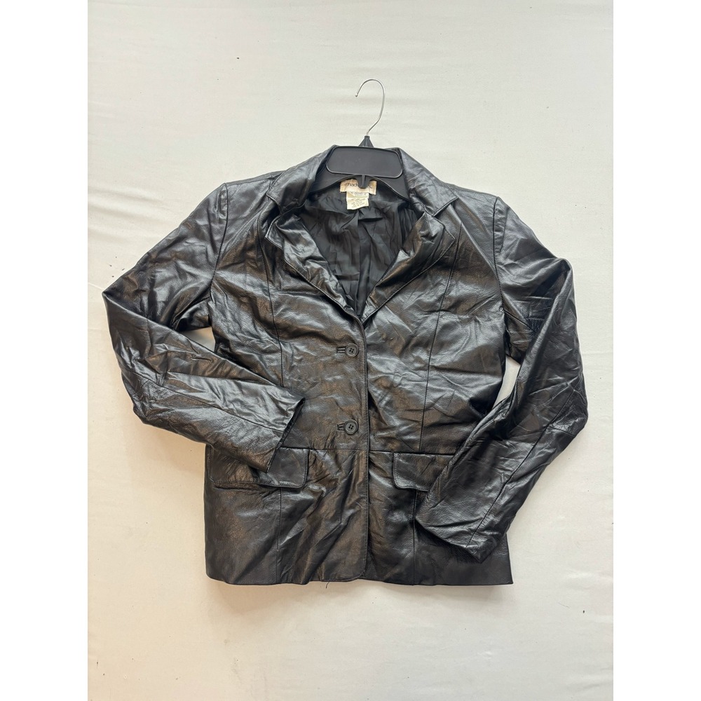 Chadwicks Black Leather Blazer Jacket Womens 2P Petite Two Button 46-0010-2